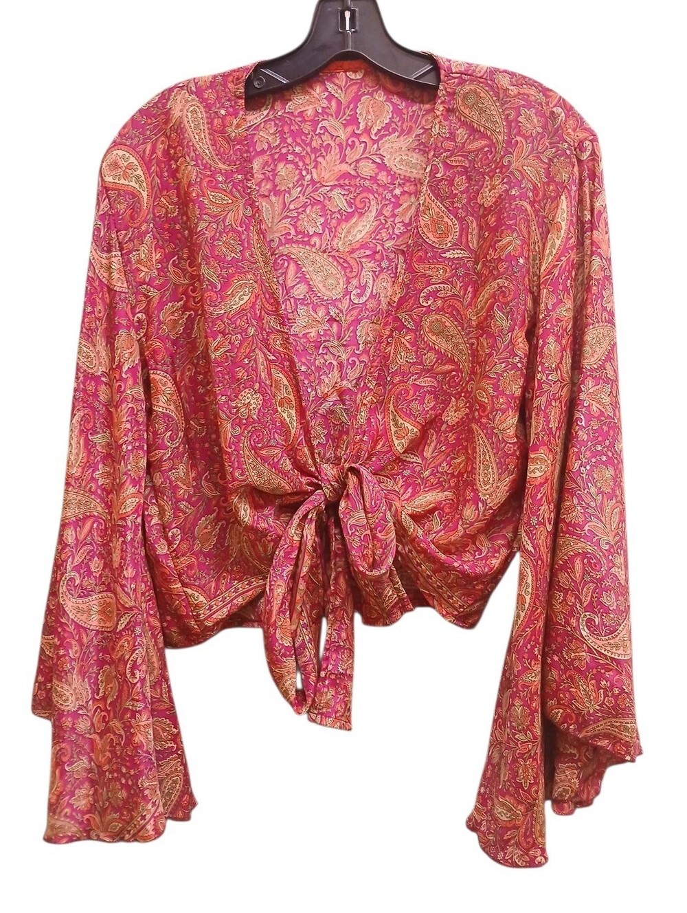 Silk Bell Sleeve Pink Paisley Tie-Front Blouse Boho Size Extra Large